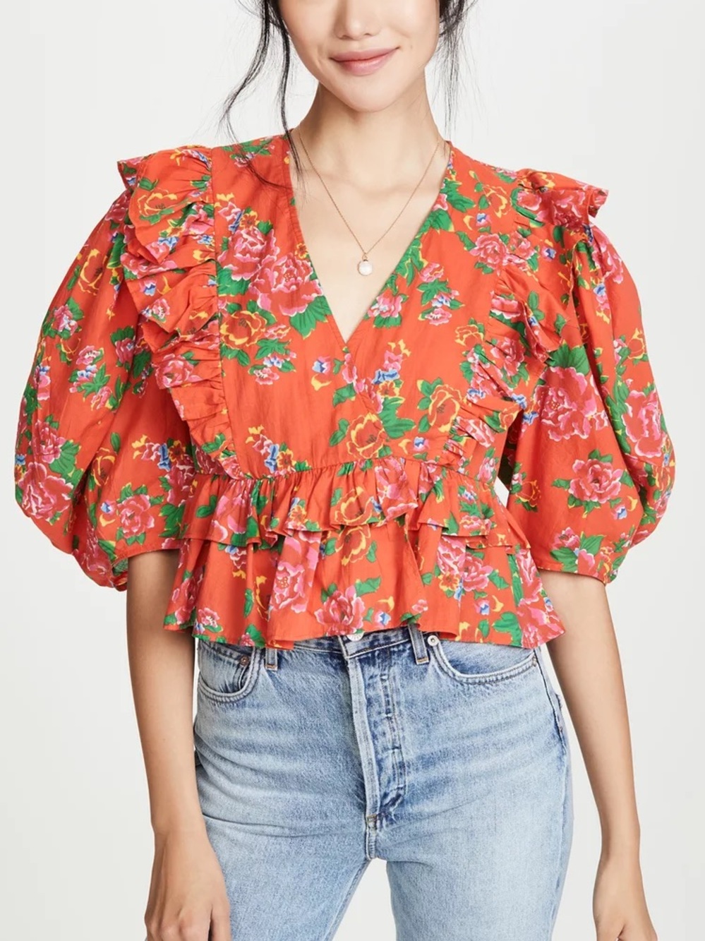 RHODE Resort Elodie Wrap Ruffle Puff Sleeve V-Neck India Woven Blouse \\ S